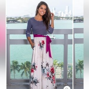 Navy Striped Maxi Dress with Floral Skirt